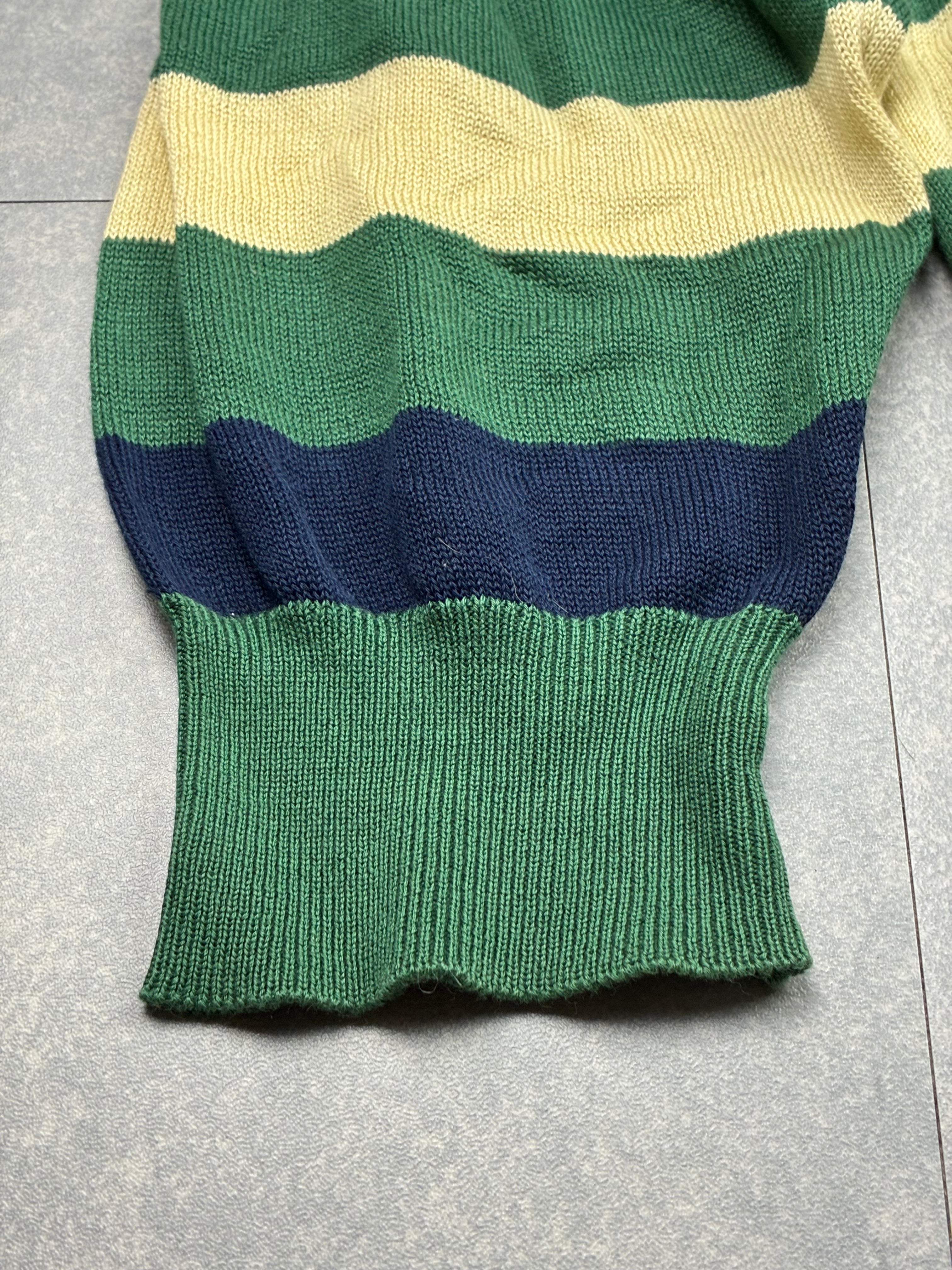 Polo a maniche lunghe Chemise Lacoste vintage a righe verdi, blu e panna