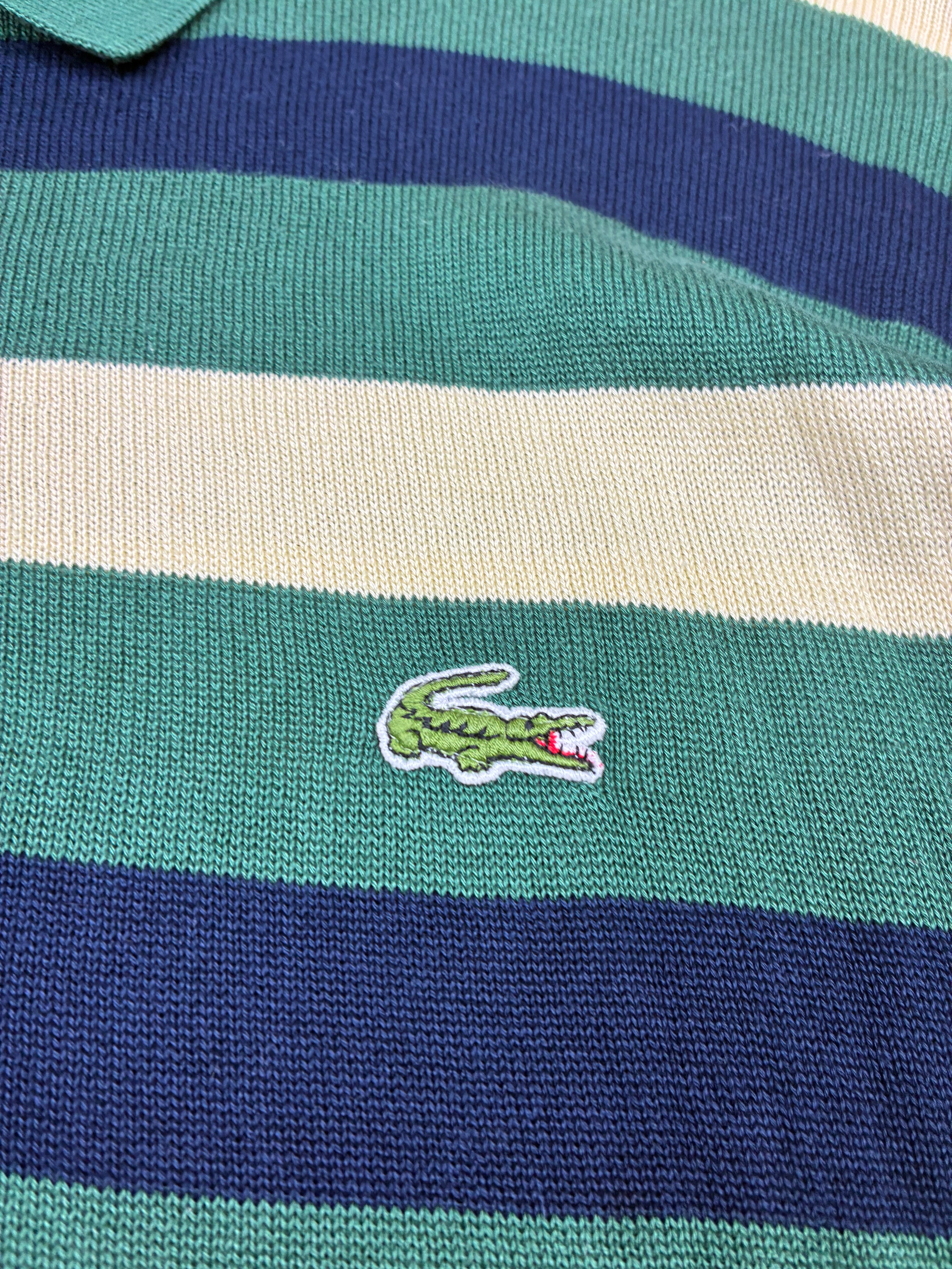 Polo a maniche lunghe Chemise Lacoste vintage a righe verdi, blu e panna