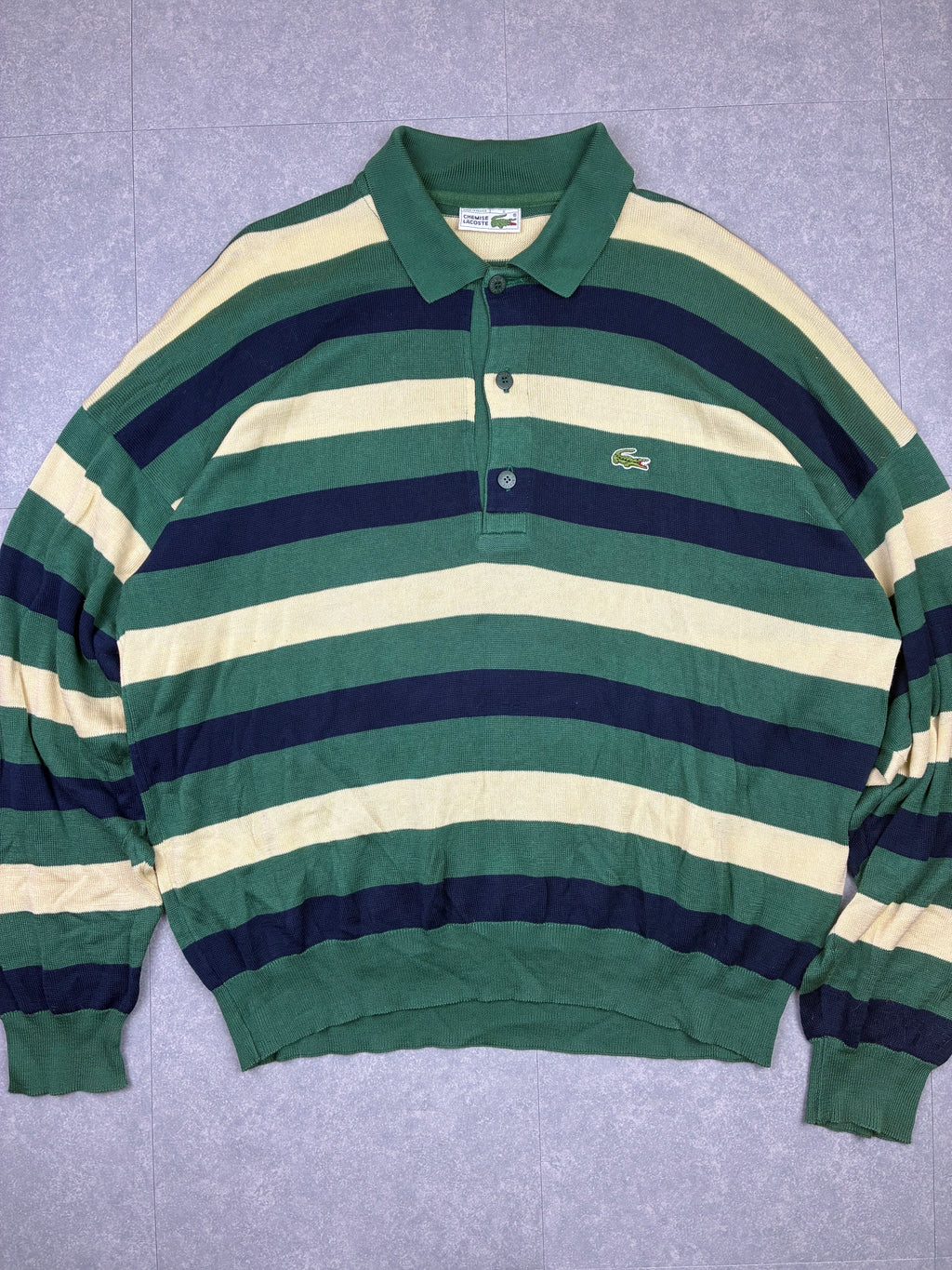 Polo a maniche lunghe Chemise Lacoste vintage a righe verdi, blu e panna