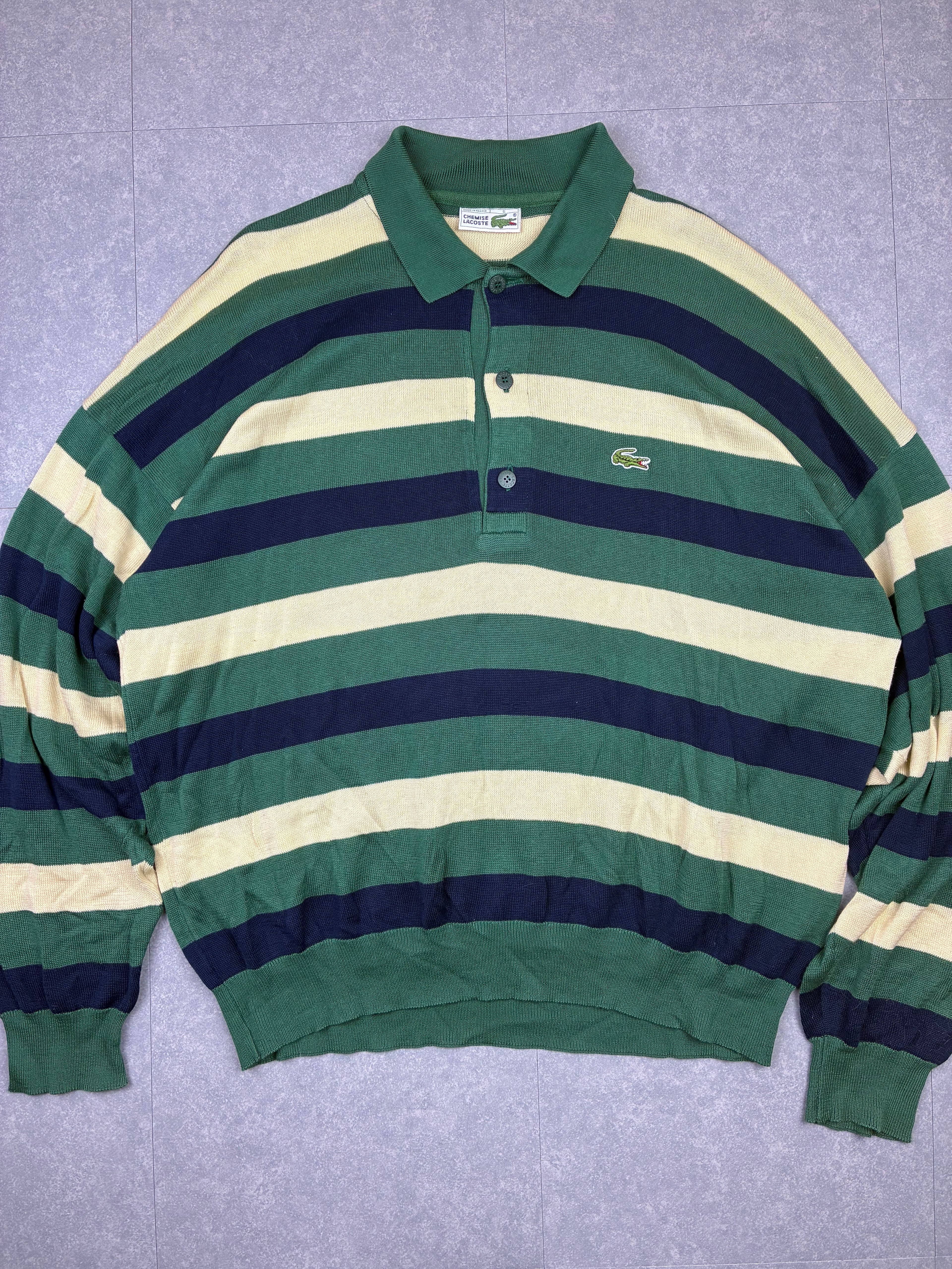 Polo a maniche lunghe Chemise Lacoste vintage a righe verdi, blu e panna