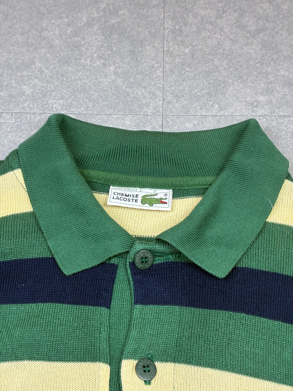 Polo a maniche lunghe Chemise Lacoste vintage a righe verdi, blu e panna