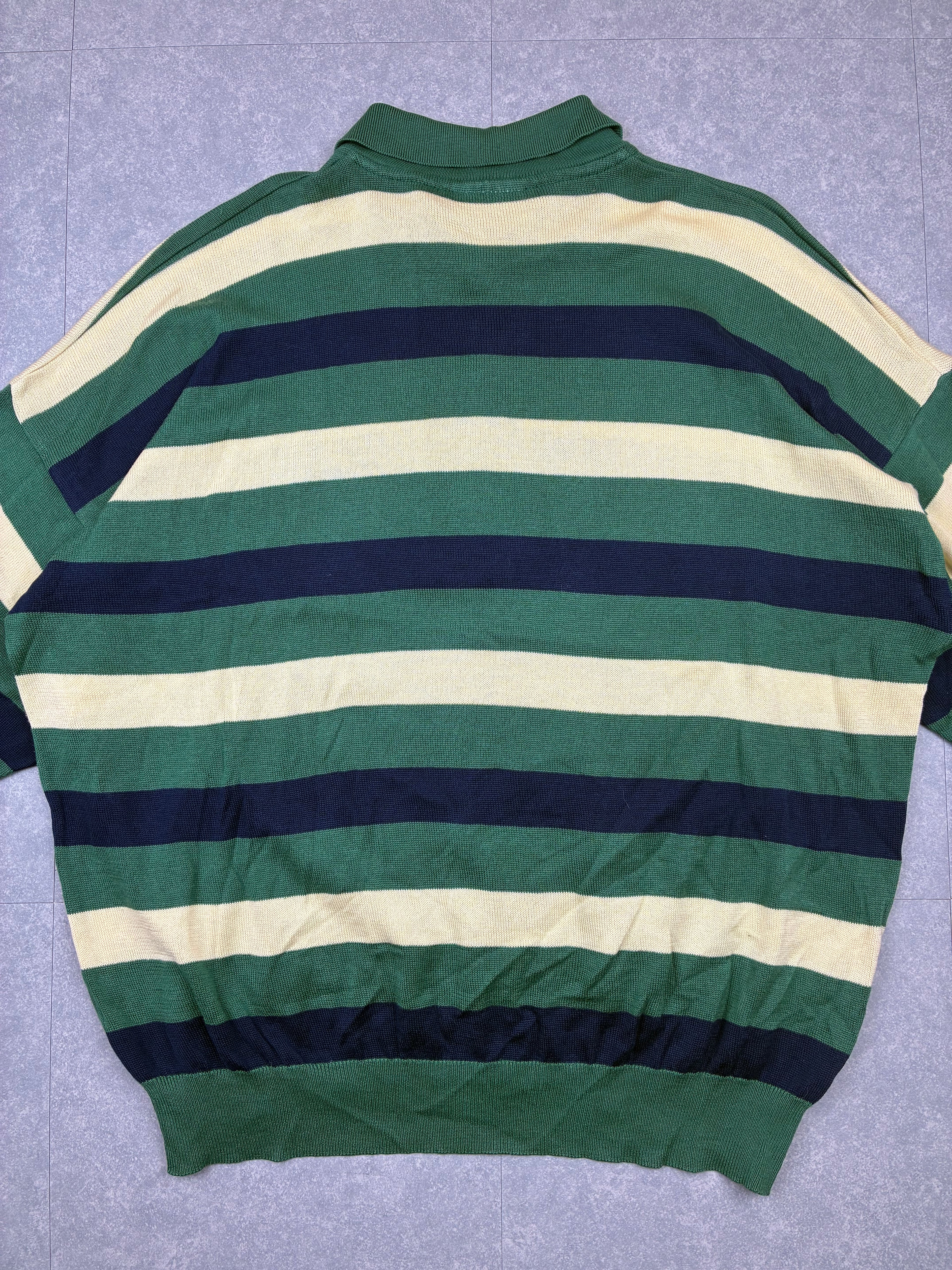 Polo a maniche lunghe Chemise Lacoste vintage a righe verdi, blu e panna