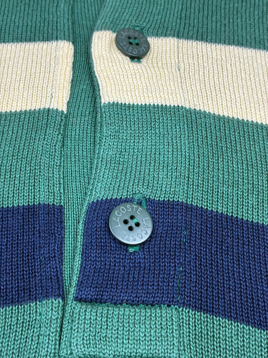 Polo a maniche lunghe Chemise Lacoste vintage a righe verdi, blu e panna